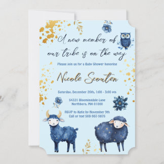 Whimsical Woodland Blue Gold Baby Shower Invitation