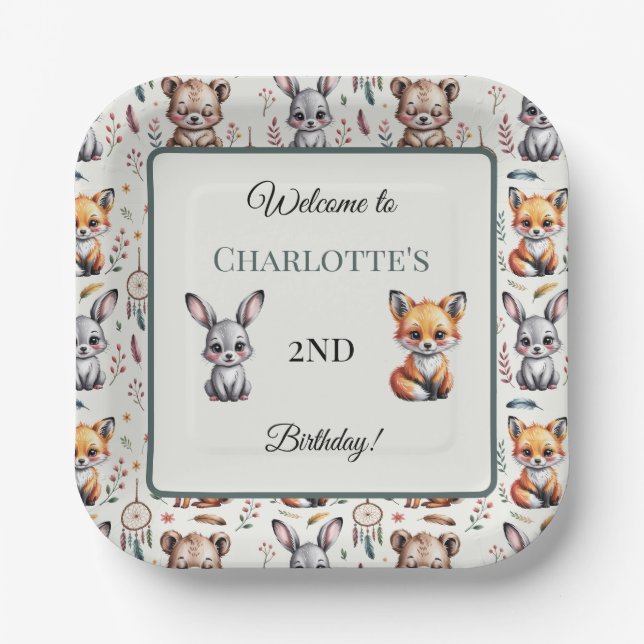 Whimsical Woodland Boho Birthday Name Paper Plate (Front)