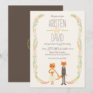 Whimsical Woodland Cat & Fox Couple Wedding Invitation