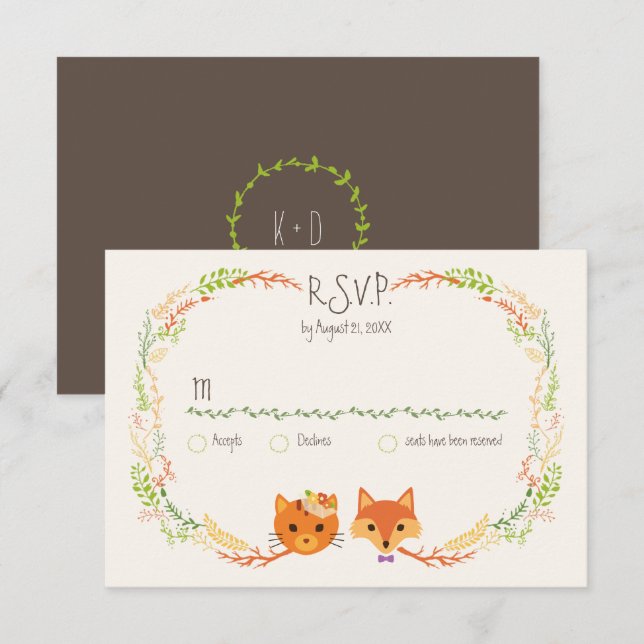 Whimsical Woodland Cat & Fox Couple Wedding RSVP (Front/Back)