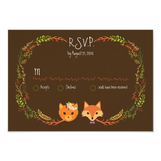 Whimsical Woodland Cat & Fox Couple Wedding RSVP Card