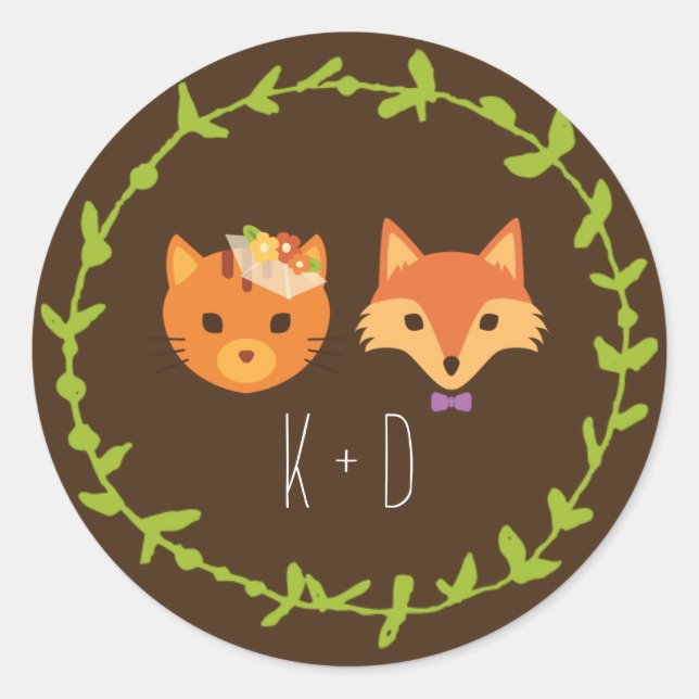 Whimsical Woodland Cat & Fox wedding Classic Round Sticker (Front)