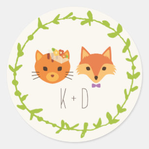 Whimsical Woodland Cat & Fox wedding Classic Round Sticker