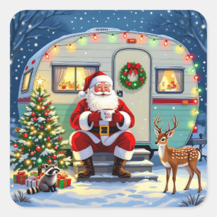 Whimsical Woodland Christmas and Retro RV Camper Square Sticker