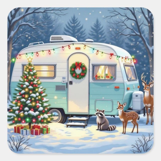 Whimsical Woodland Creatures and Retro RV Camper Square Sticker (Front)