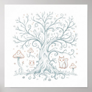 Whimsical Woodland Decor: Happy Critter Tree Poster