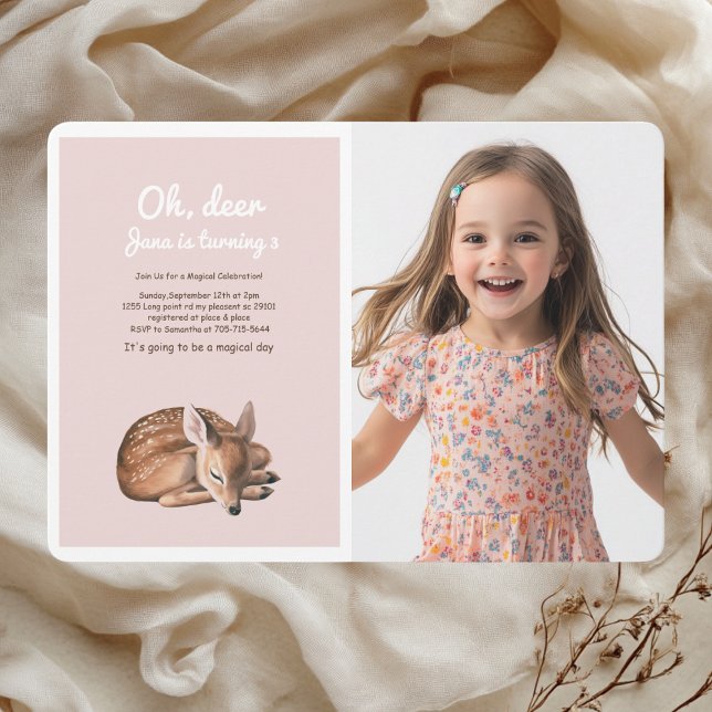 Whimsical Woodland Deer Birthday Pink Photo Invitation (Creator Uploaded)