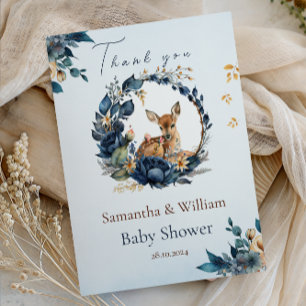 Whimsical Woodland Deer Blue Floral Leaves Thank You Card