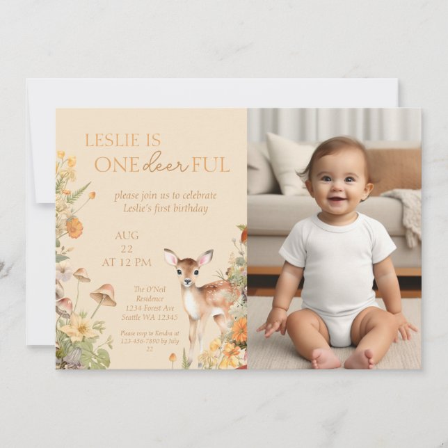 Whimsical Woodland Deer First Birthday Photo Invitation (Front)