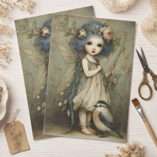 Whimsical Woodland Fairy and Wren Portrait Art Tissue Paper