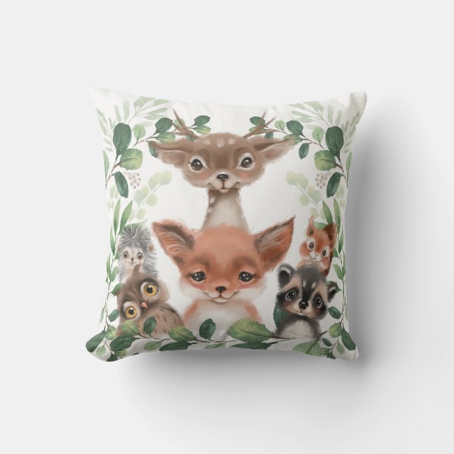 Whimsical Woodland Forest Animals Baby Nursery Cushion (Front)