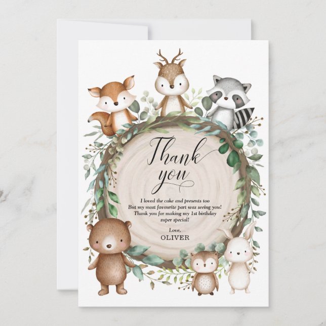 Whimsical Woodland Forest Animals Boy Birthday Thank You Card (Front)
