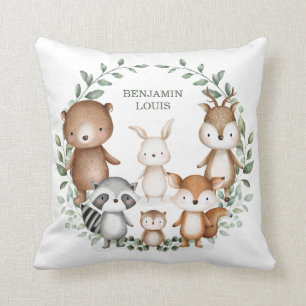 Whimsical Woodland Forest Animals Greenery Nursery Cushion