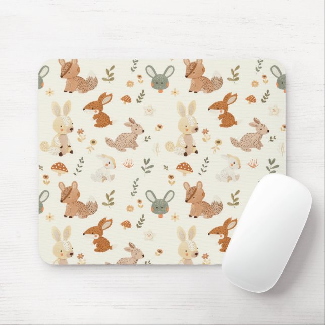 Whimsical Woodland Forest Animals Greenery Pattern Mouse Mat (With Mouse)