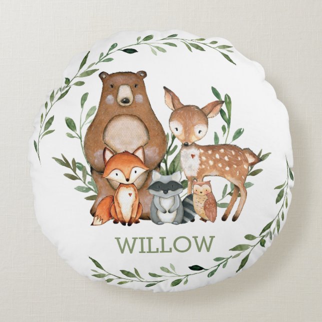 Whimsical Woodland Forest Animals Greenery Round Cushion (Front)