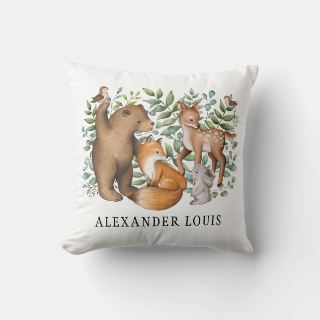 Whimsical Woodland Forest Animals Nursery Monogram Cushion (Front)