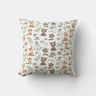 Whimsical Woodland Forest Animals Sage Greenery Cushion