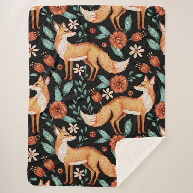 Whimsical Woodland Fox & Floral Pattern Sherpa Blanket (Front)