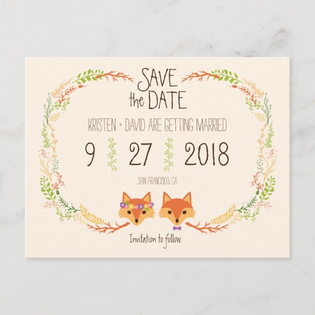 Whimsical Woodland Foxes (Ivory) Save the Date Announcement Postcard (Front)