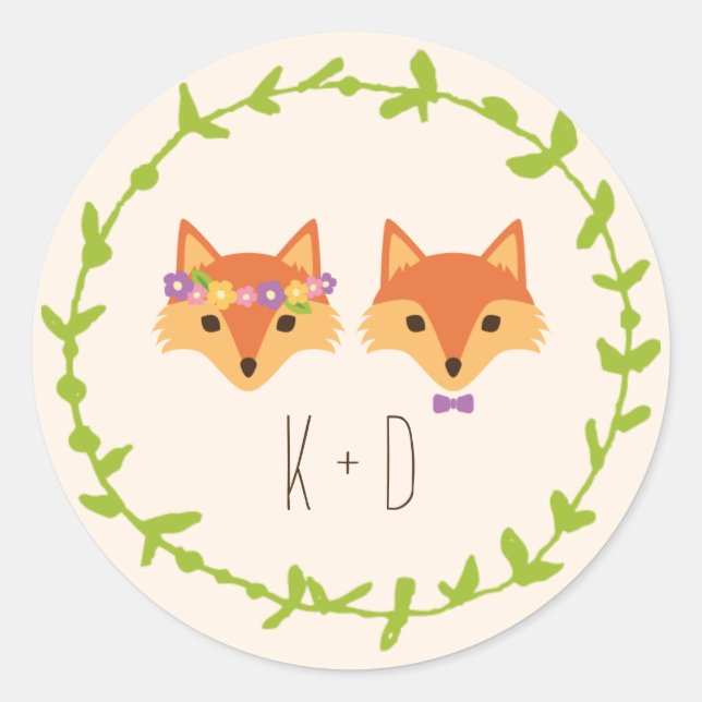 Whimsical Woodland Foxes Ivory wedding Classic Round Sticker (Front)