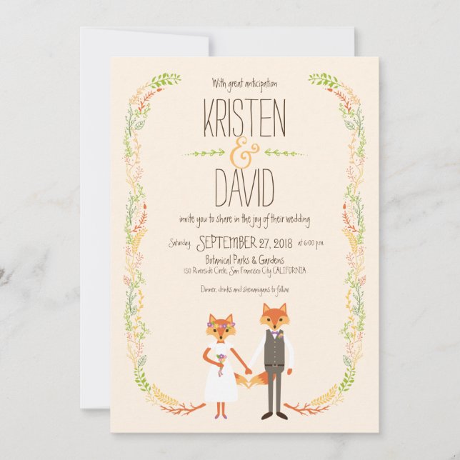 Whimsical Woodland Foxes Ivory Wedding Invitation (Front)