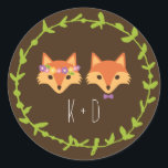Whimsical Woodland Foxes wedding Classic Round Sticker<br><div class="desc">This charming wedding invitation collection features a well-dressed fox couple surrounded by a garland of hand-drawn leaves in a rustic wreath arrangement.</div>