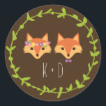 Whimsical Woodland Foxes wedding Classic Round Sticker<br><div class="desc">This charming wedding invitation collection features a well-dressed fox couple surrounded by a garland of hand-drawn leaves in a rustic wreath arrangement.</div>