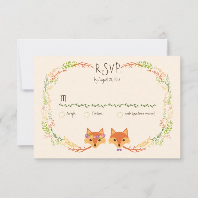 Whimsical Woodland Foxes Wedding Ivory RSVP (Front)