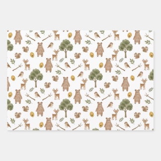 Whimsical Woodland Friends Watercolor Pattern Wrapping Paper Sheet