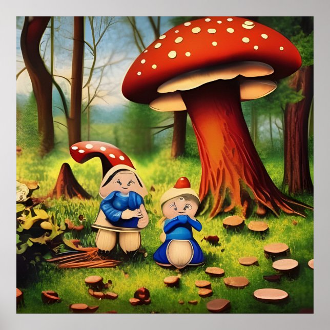 Whimsical Woodland Gnome Mushroom Couple Poster (Front)
