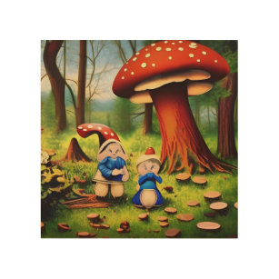 Whimsical Woodland Gnome Wooden Mushroom Couple Wood Wall Art