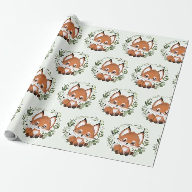 Whimsical Woodland Greenery Baby Fox Wrapping Paper (Unrolled)