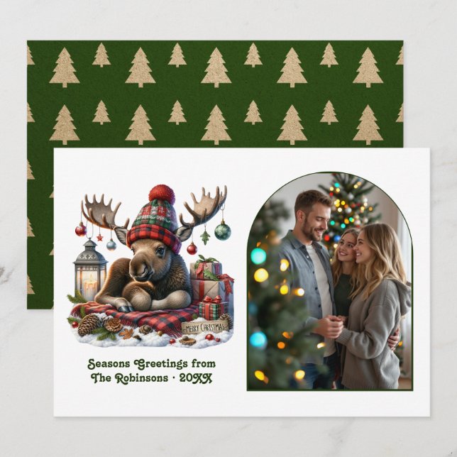 Whimsical Woodland Moose Rustic Nordic Christmas Holiday Card (Front/Back)