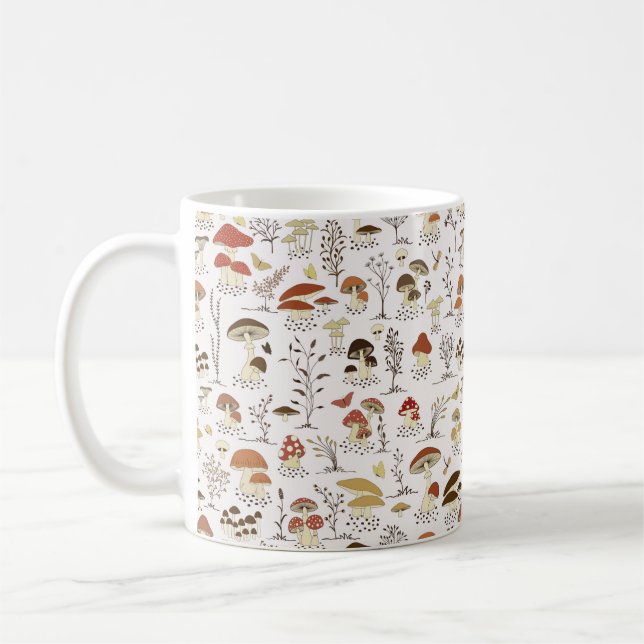 Whimsical Woodland Mushrooms Pattern Coffee Mug (Left)