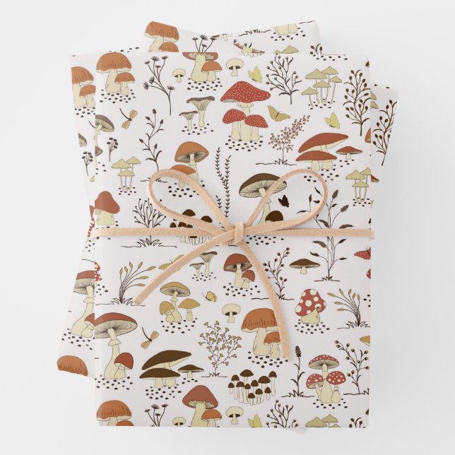 Whimsical Woodland Mushrooms Pattern Wrapping Paper Sheet (In situ)