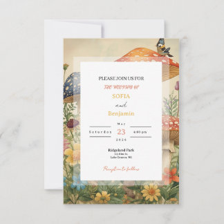 Whimsical Woodland Mushrooms & Wildflowers Wedding Invitation