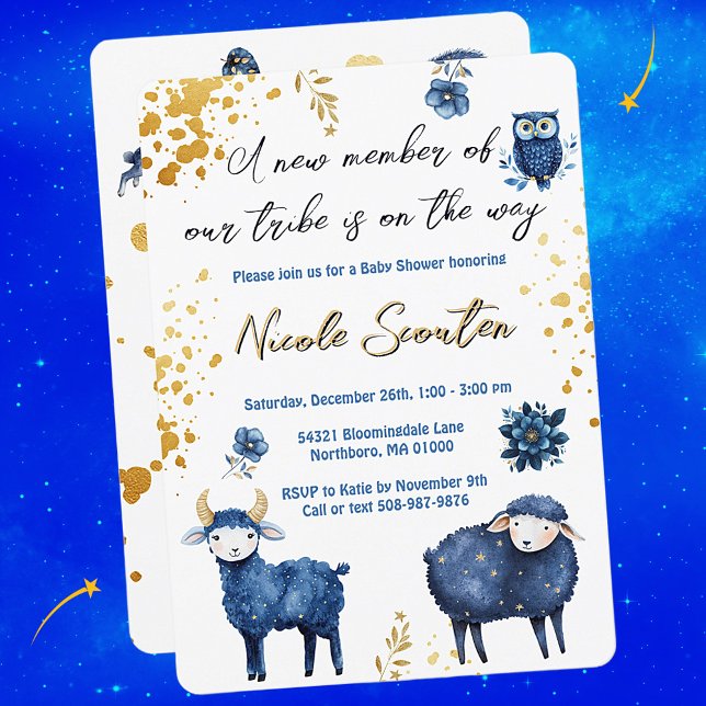 Whimsical Woodland Night: A Baby is on the Way Invitation (Celestial Woodland Baby Shower Theme with Floral and Golden Accents)