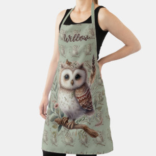 Whimsical Woodland Owl Botanical Illustration Apron