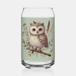 Whimsical Woodland Owl Botanical Illustration Can Glass