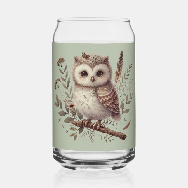 Whimsical Woodland Owl Botanical Illustration Can Glass (Front)