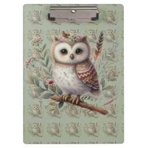 Whimsical Woodland Owl Botanical Illustration Clipboard
