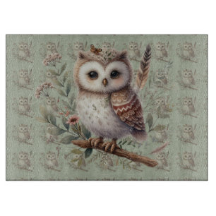 Whimsical Woodland Owl Botanical Illustration Cutting Board