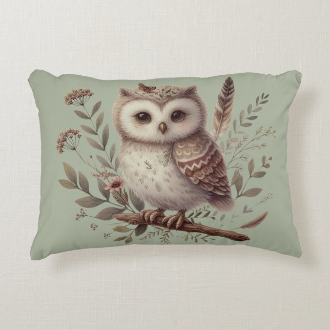 Whimsical Woodland Owl Botanical Illustration Decorative Cushion (Front)