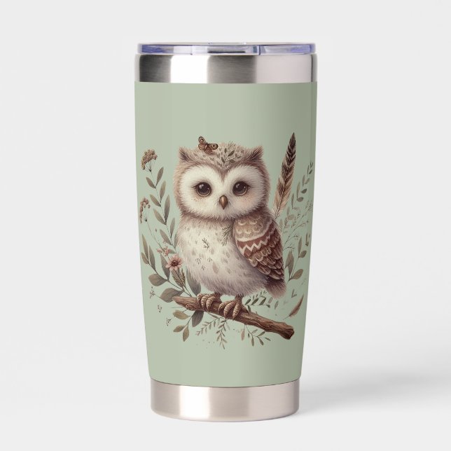 Whimsical Woodland Owl Botanical Illustration Insulated Tumbler (Front)
