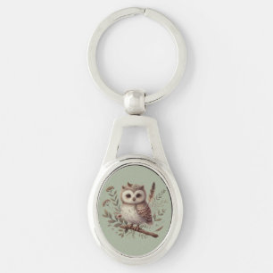 Whimsical Woodland Owl Botanical Illustration Key Ring
