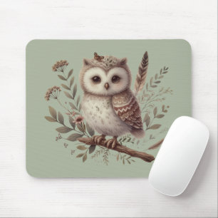 Whimsical Woodland Owl Botanical Illustration Mouse Mat
