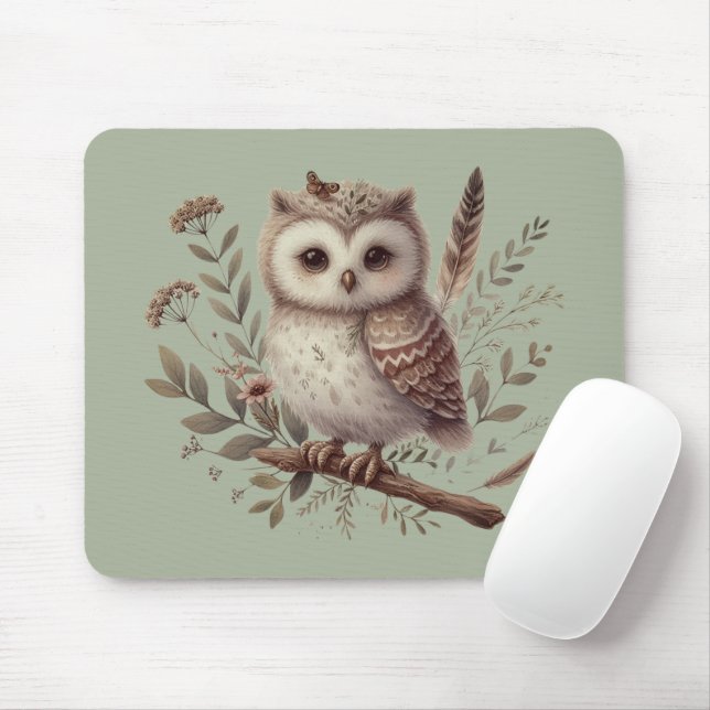 Whimsical Woodland Owl Botanical Illustration Mouse Mat (With Mouse)