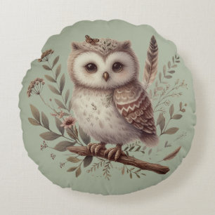 Whimsical Woodland Owl Botanical Illustration Round Cushion