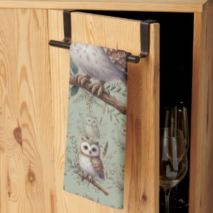 Whimsical Woodland Owl Botanical Illustration Tea Towel