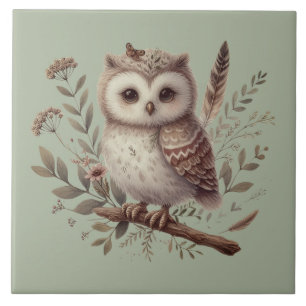 Whimsical Woodland Owl Botanical Illustration Tile